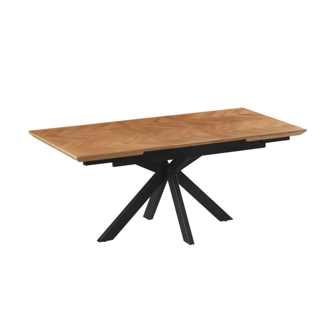 Chevron Parquet Oak Extending Dining Table with Black Powder-Coated Metal Legs - Belmont Interiors