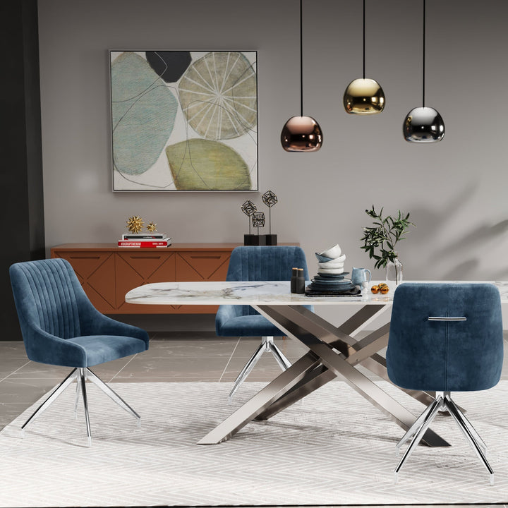 Lombardy 180cm Dining Table White/Gold Ceramic Marble Top With Swivel Velvet Chrome Leg Dining Chairs - Belmont Interiors