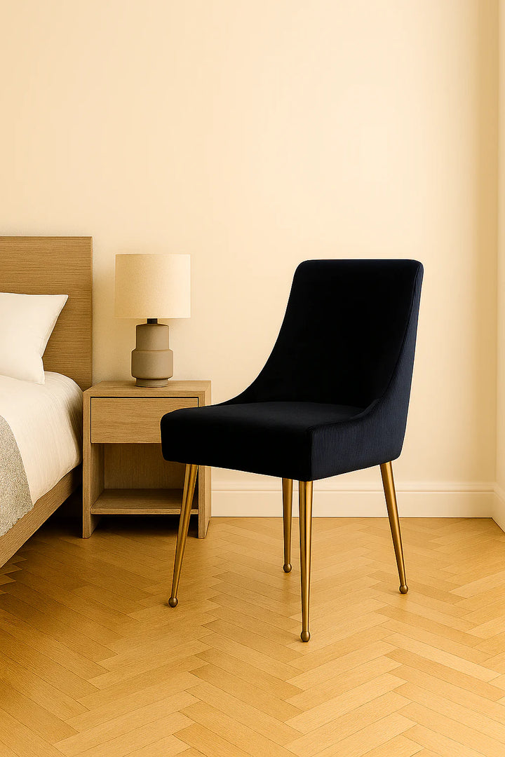 Milan Ribbed Black Velvet Dining Chair – Gold Legs & Handle