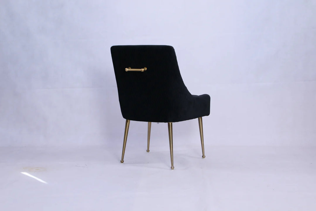 Milan Ribbed Black Velvet Dining Chair – Gold Legs & Handle