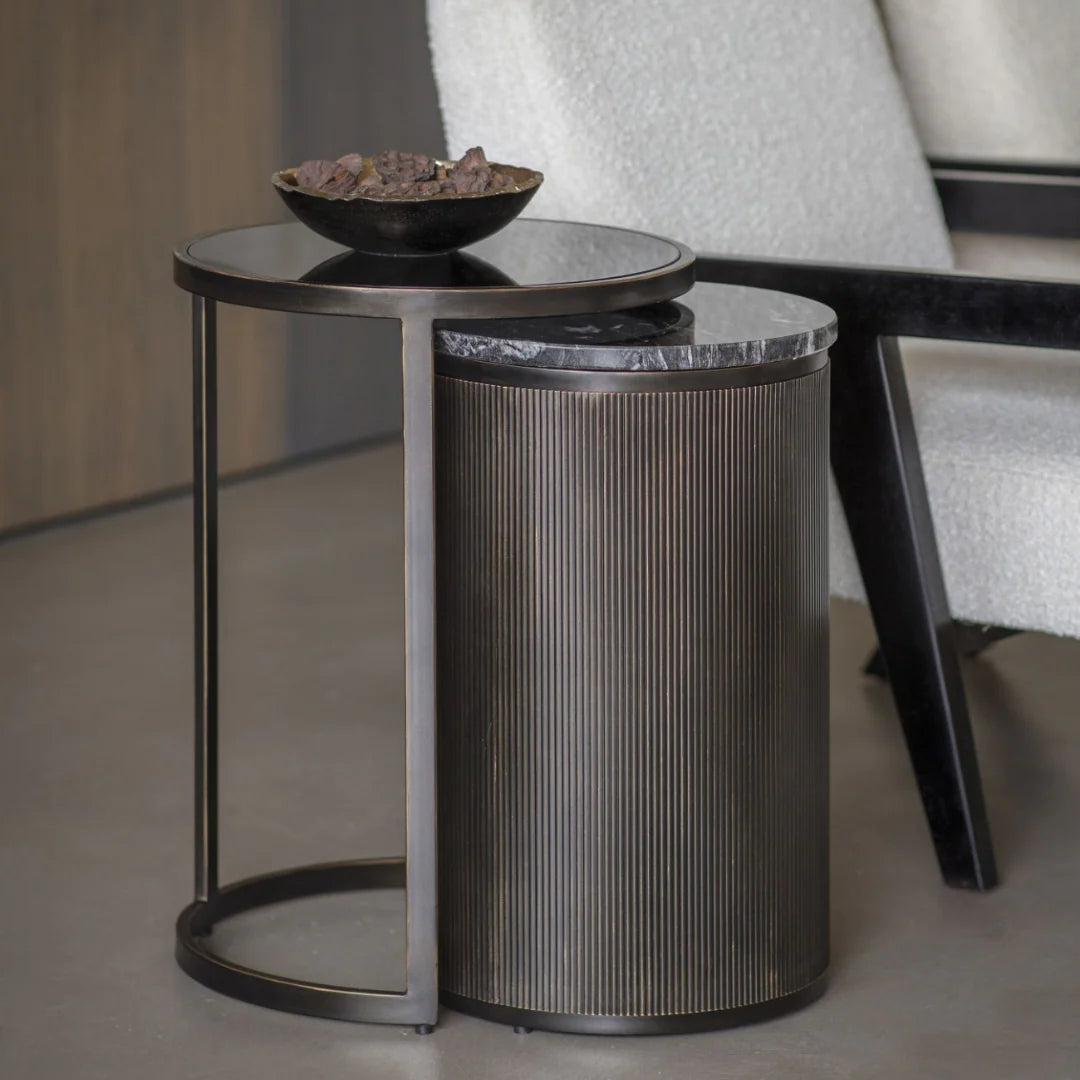 Belvedere Aged Black Side Table with Marble & Bronze Finish