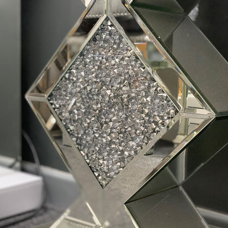 Diamond Crush Mirrored Column End Table Side Table With Crushed Crystals