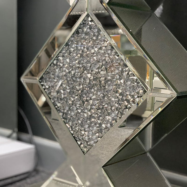 Diamond Crush Mirrored Column End Table Side Table With Crushed Crystals