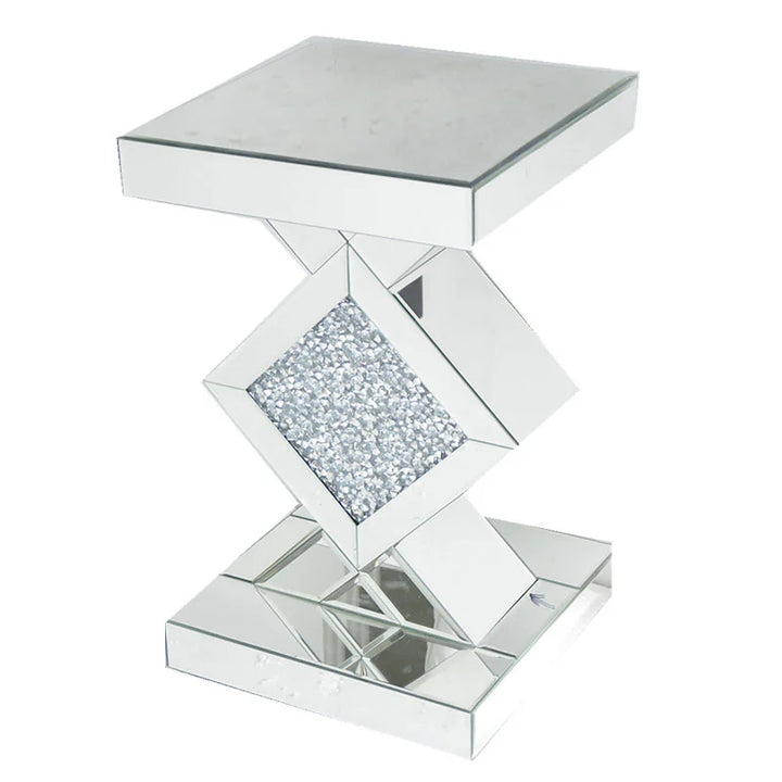 Diamond Crush Mirrored Column End Table Side Table With Crushed Crystals