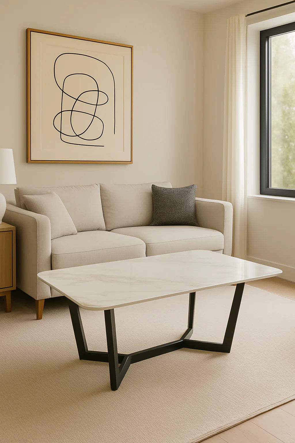 Lucien 120cm White/Grey Ceramic Coffee Table with Black Base