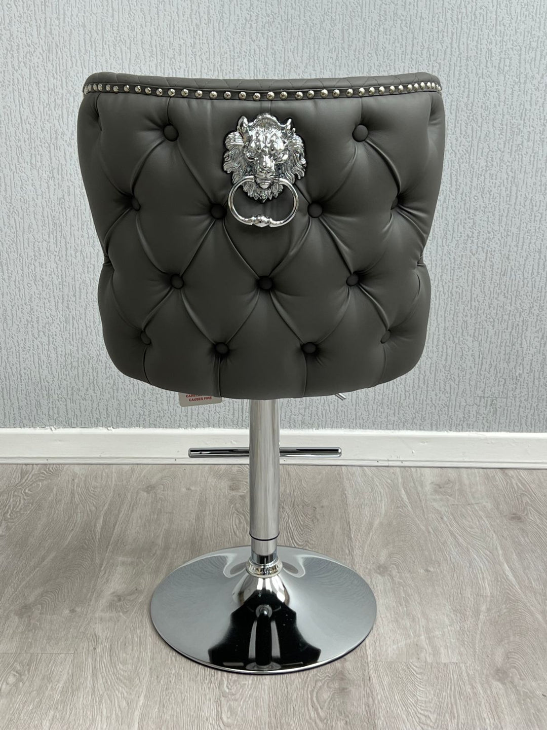 Valentino Grey PU Faux Leather Button Back Lion Knocker Barstool - Belmont Interiors