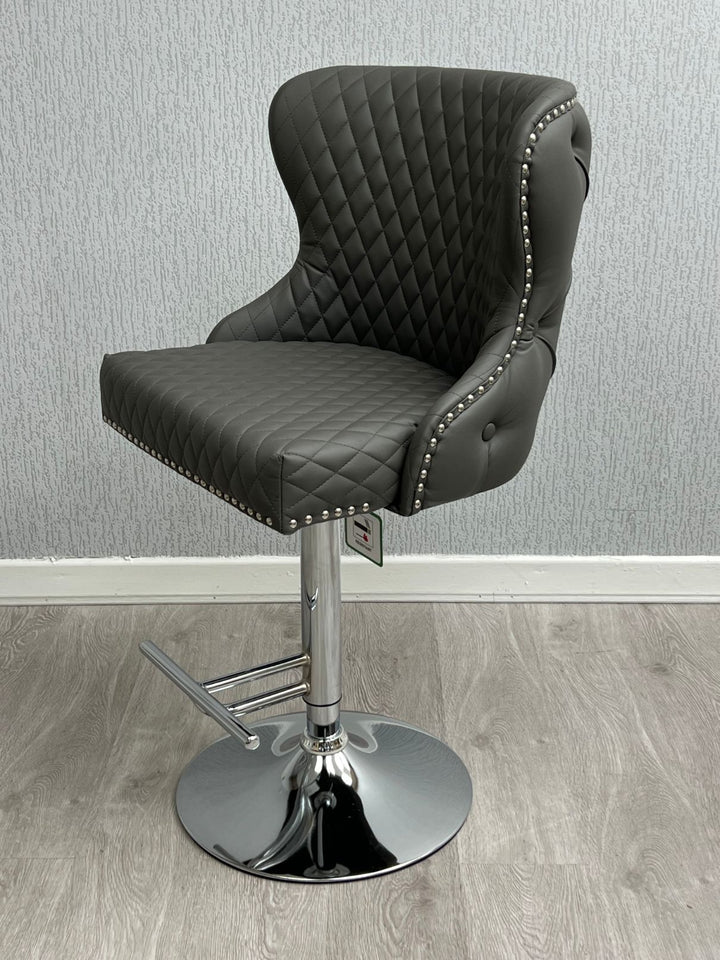 Valentino Grey PU Faux Leather Button Back Lion Knocker Barstool - Belmont Interiors