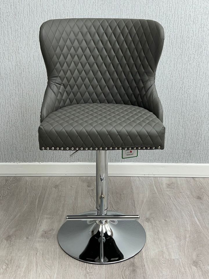 Valentino Grey PU Faux Leather Button Back Lion Knocker Barstool - Belmont Interiors