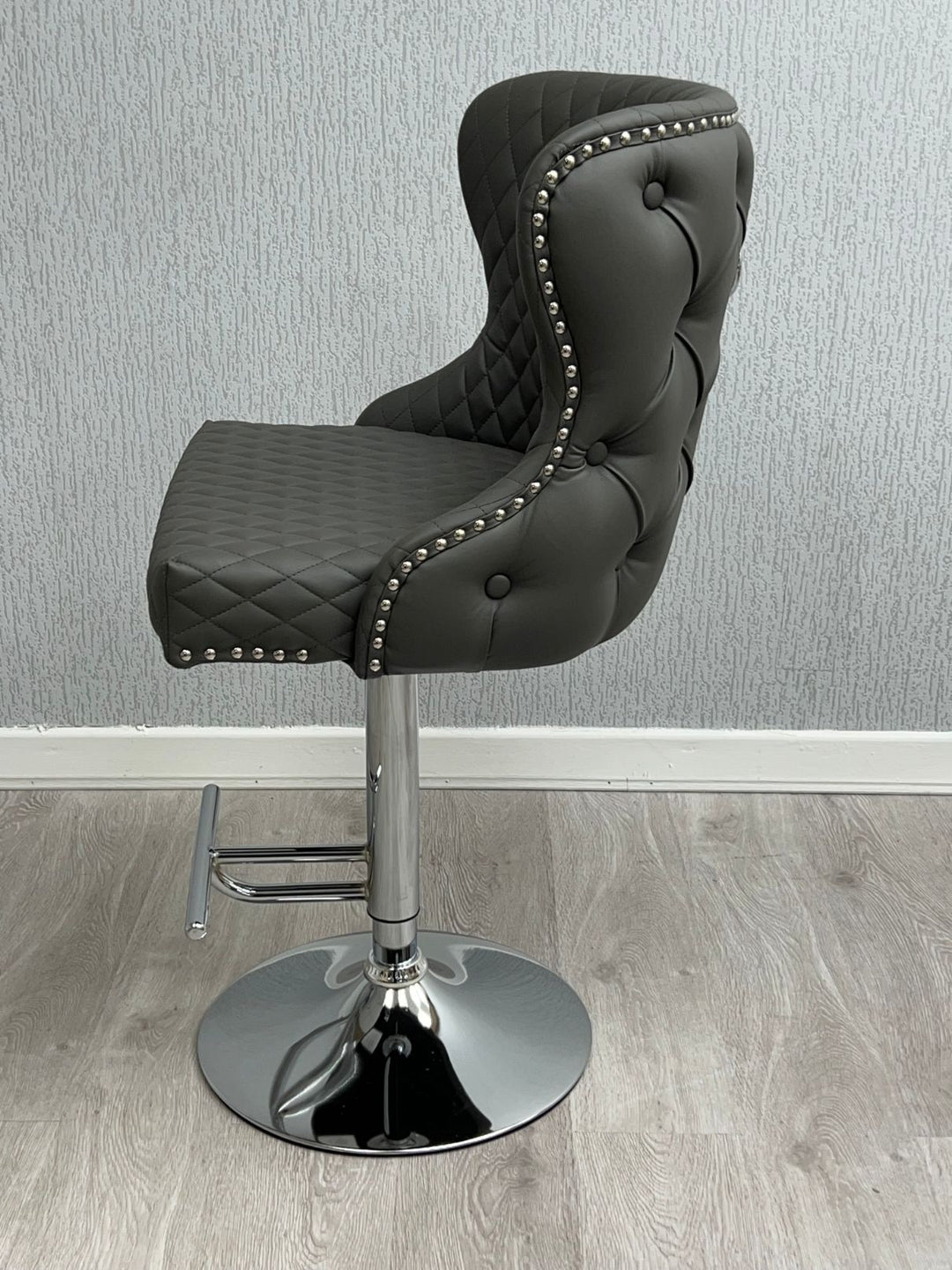 Valentino Grey PU Faux Leather Button Back Lion Knocker Barstool - Belmont Interiors