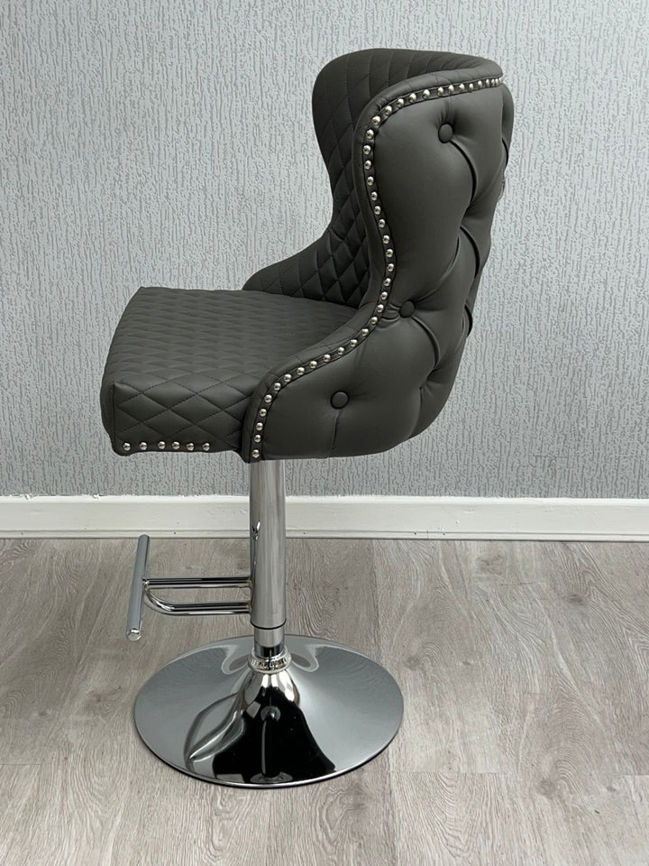 Valentino Grey PU Faux Leather Button Back Lion Knocker Barstool - Belmont Interiors