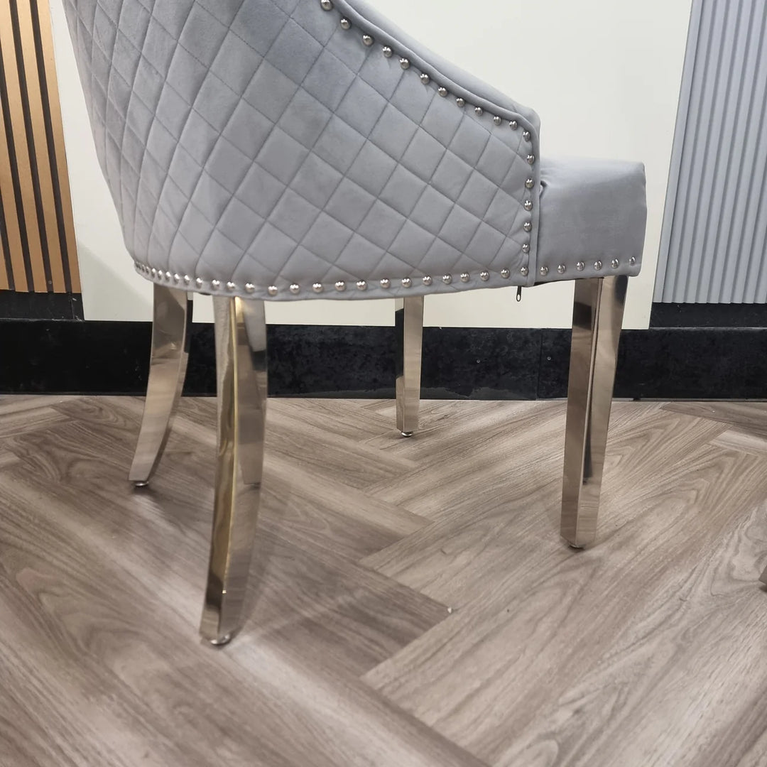 Xavia 180cm Marble Dining Table + Lion Knocker Plush Velvet Dining Chairs