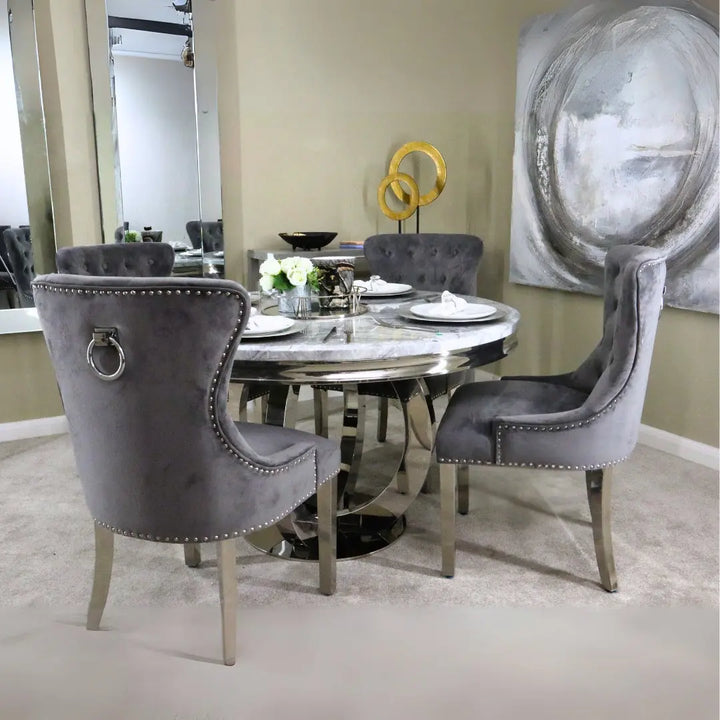 Chelsea 130cm Grey Marble Round Dining Table + Grey Ring Knocker Chairs