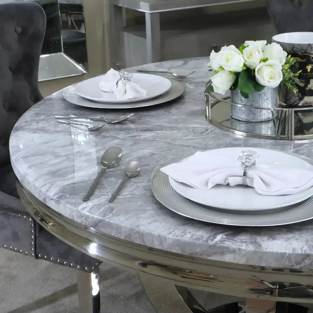 Chelsea 130cm Grey Marble Round Dining Table + Grey Ring Knocker Chairs
