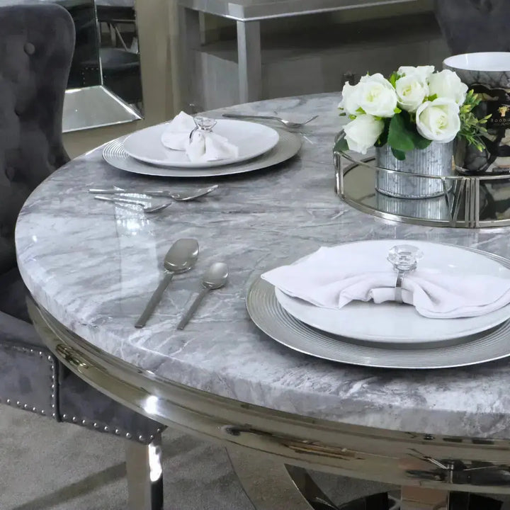Chelsea 130cm Grey Marble Round Dining Table + Grey Ring Knocker Chairs