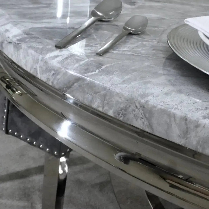 Chelsea 130cm Grey Marble Round Dining Table + Grey Ring Knocker Chairs
