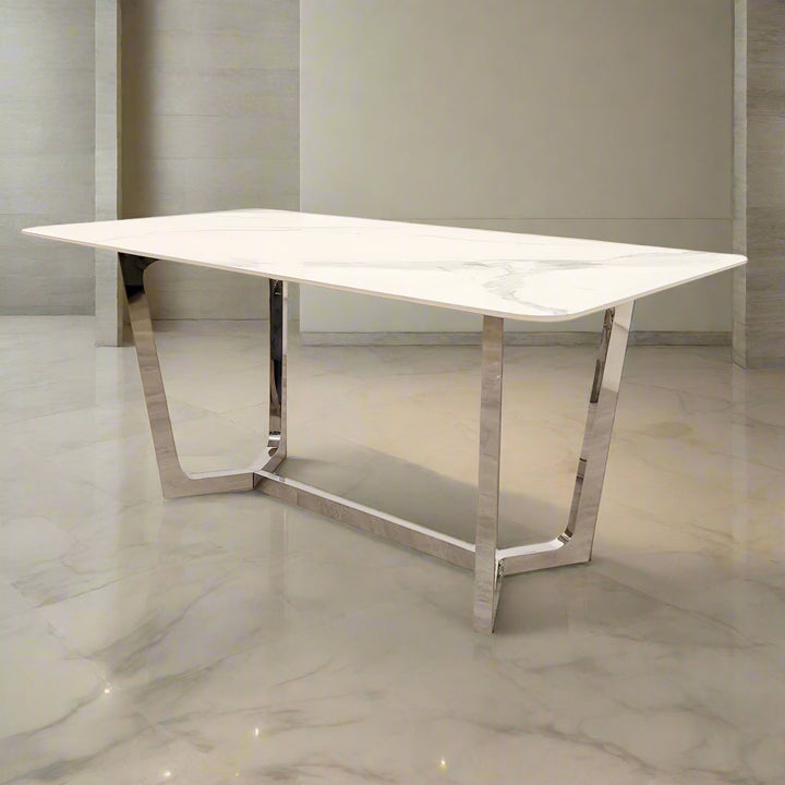 Lucien 160cm Chrome Dining Table with Polar White Sintered Stone Top