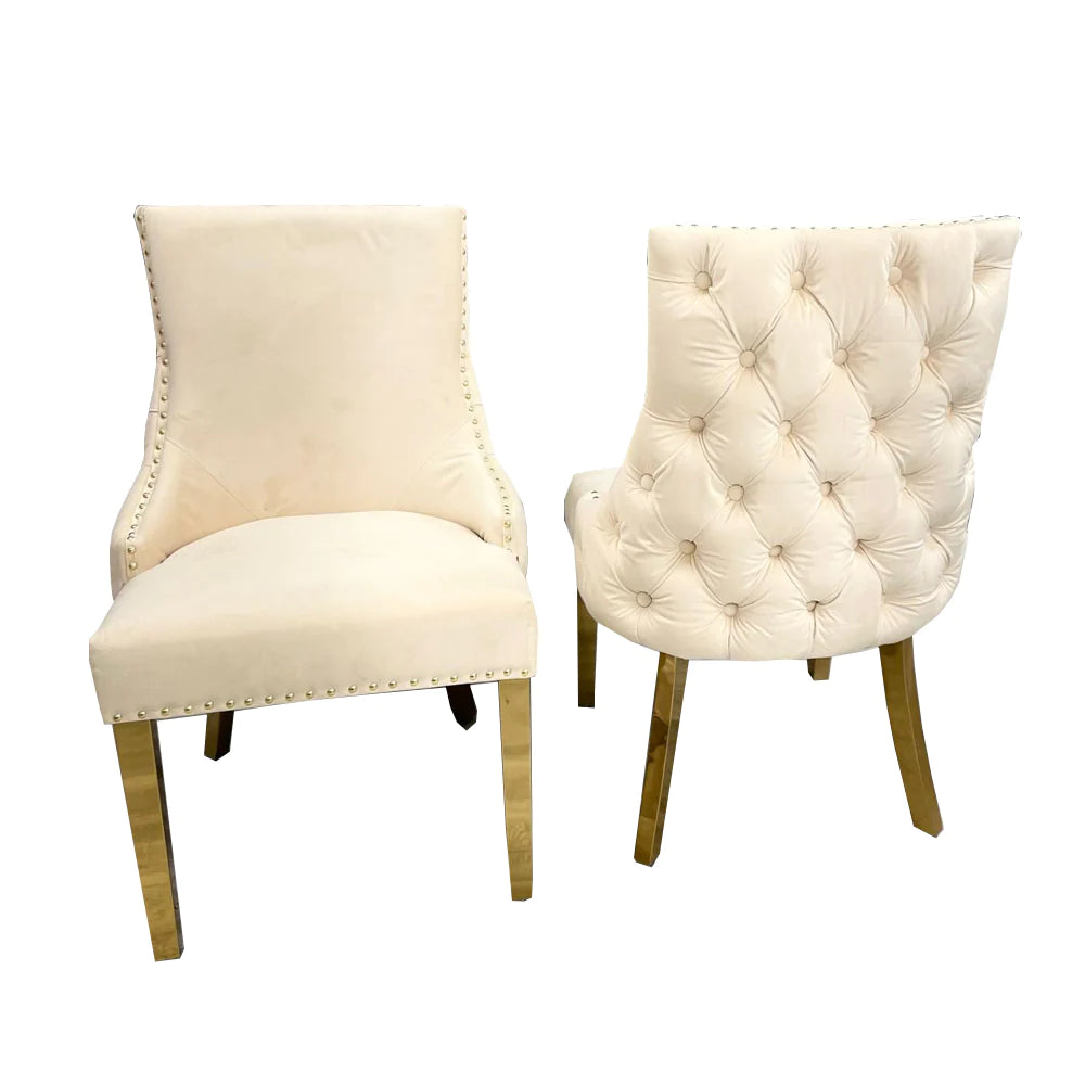 Kensington Gold Cream Button Back Plush Velvet Dining Chair Gold Legs - Belmont Interiors