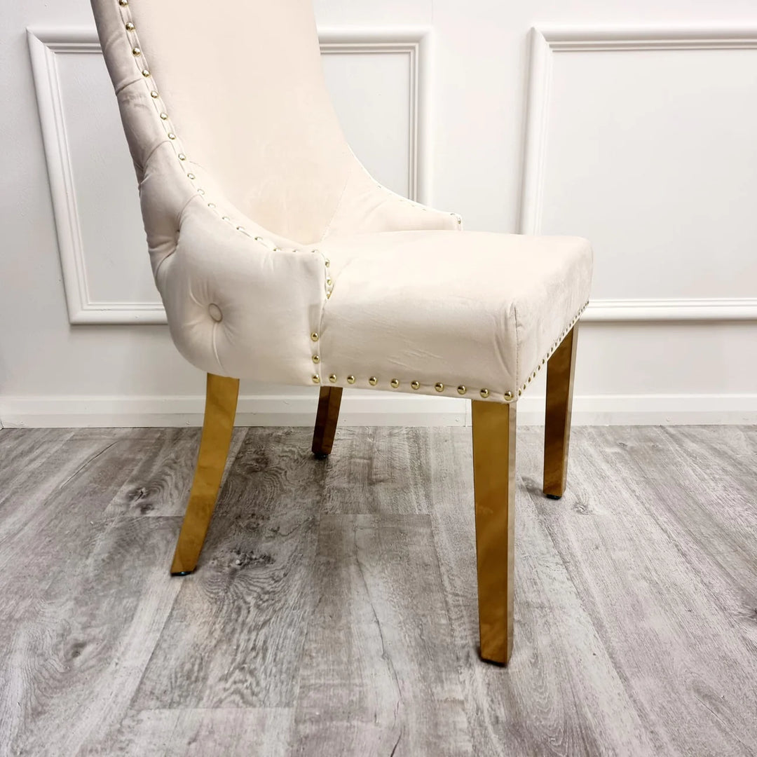 Kensington Gold Cream Button Back Plush Velvet Dining Chair Gold Legs - Belmont Interiors