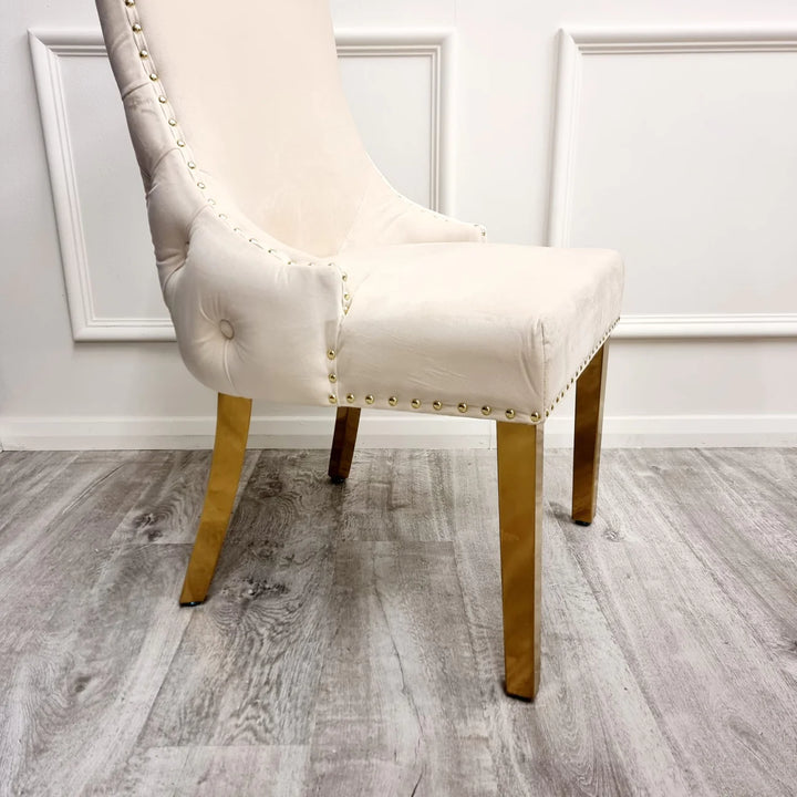 Kensington Gold Cream Button Back Plush Velvet Dining Chair Gold Legs - Belmont Interiors
