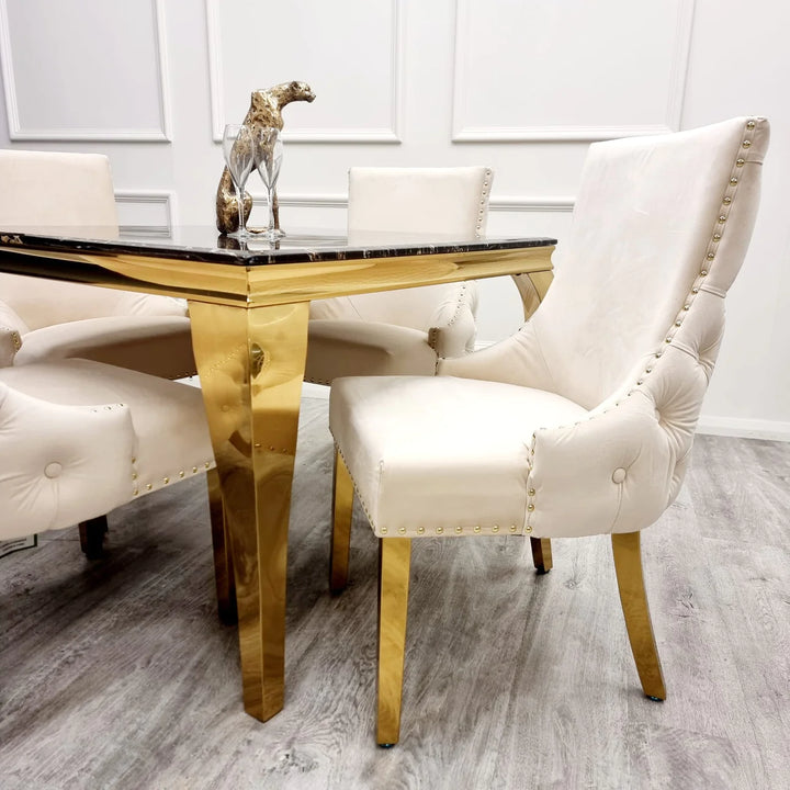 Kensington Gold Cream Button Back Plush Velvet Dining Chair Gold Legs - Belmont Interiors