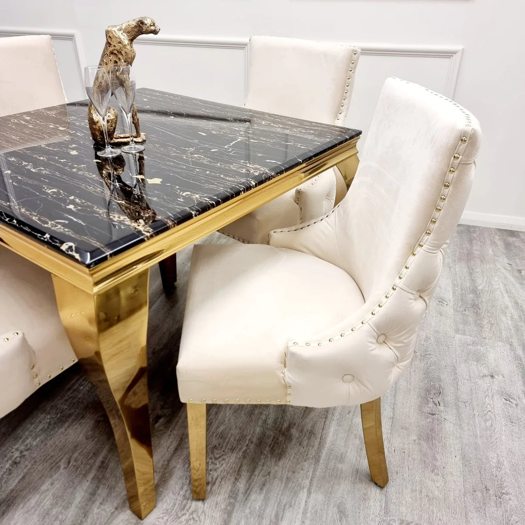 Kensington Gold Cream Button Back Plush Velvet Dining Chair Gold Legs - Belmont Interiors