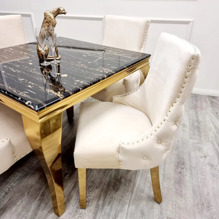 Kensington Gold Cream Button Back Plush Velvet Dining Chair Gold Legs - Belmont Interiors