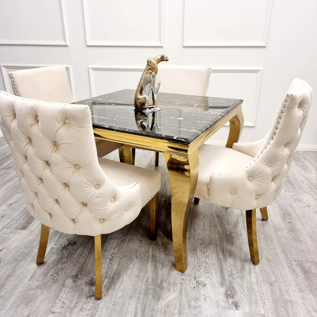 Kensington Gold Cream Button Back Plush Velvet Dining Chair Gold Legs - Belmont Interiors