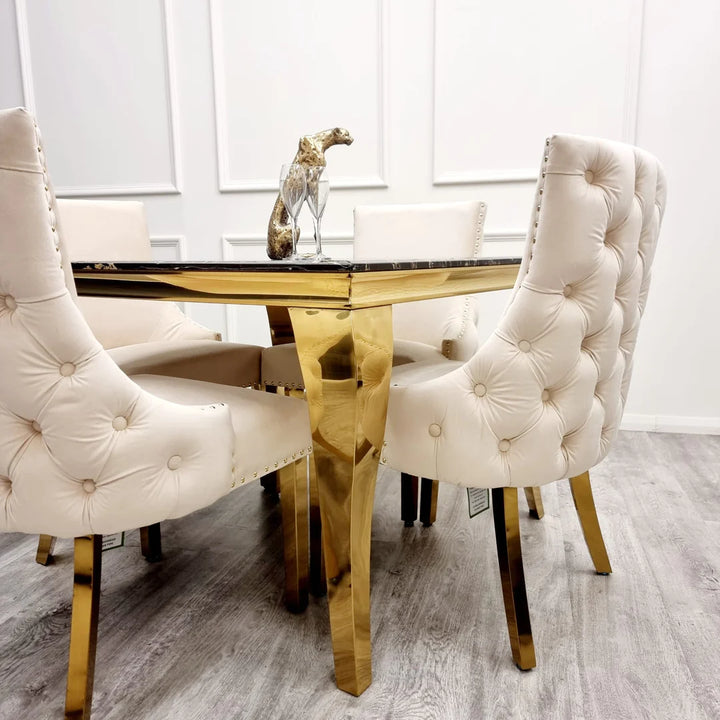 Kensington Gold Cream Button Back Plush Velvet Dining Chair Gold Legs - Belmont Interiors