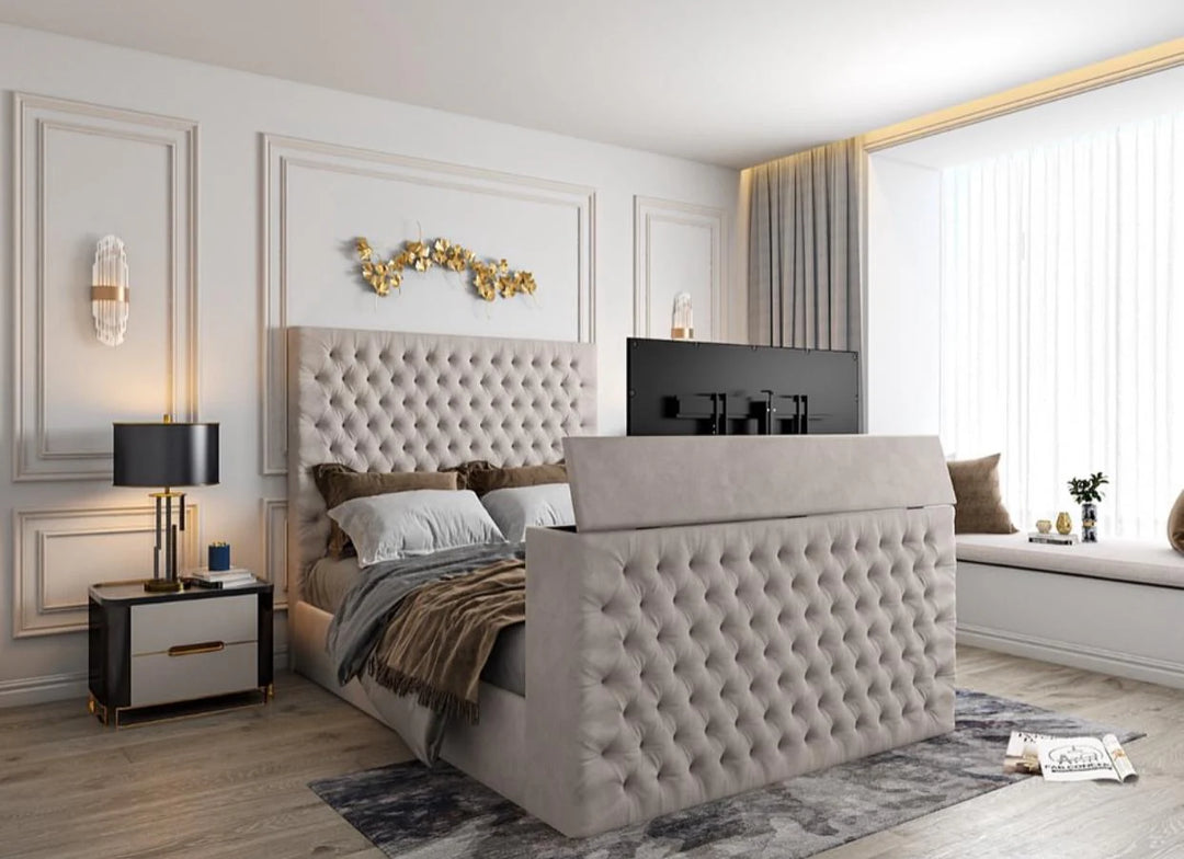 The Logan Upholstered Chesterfield Plush Velvet TV Bed Frame