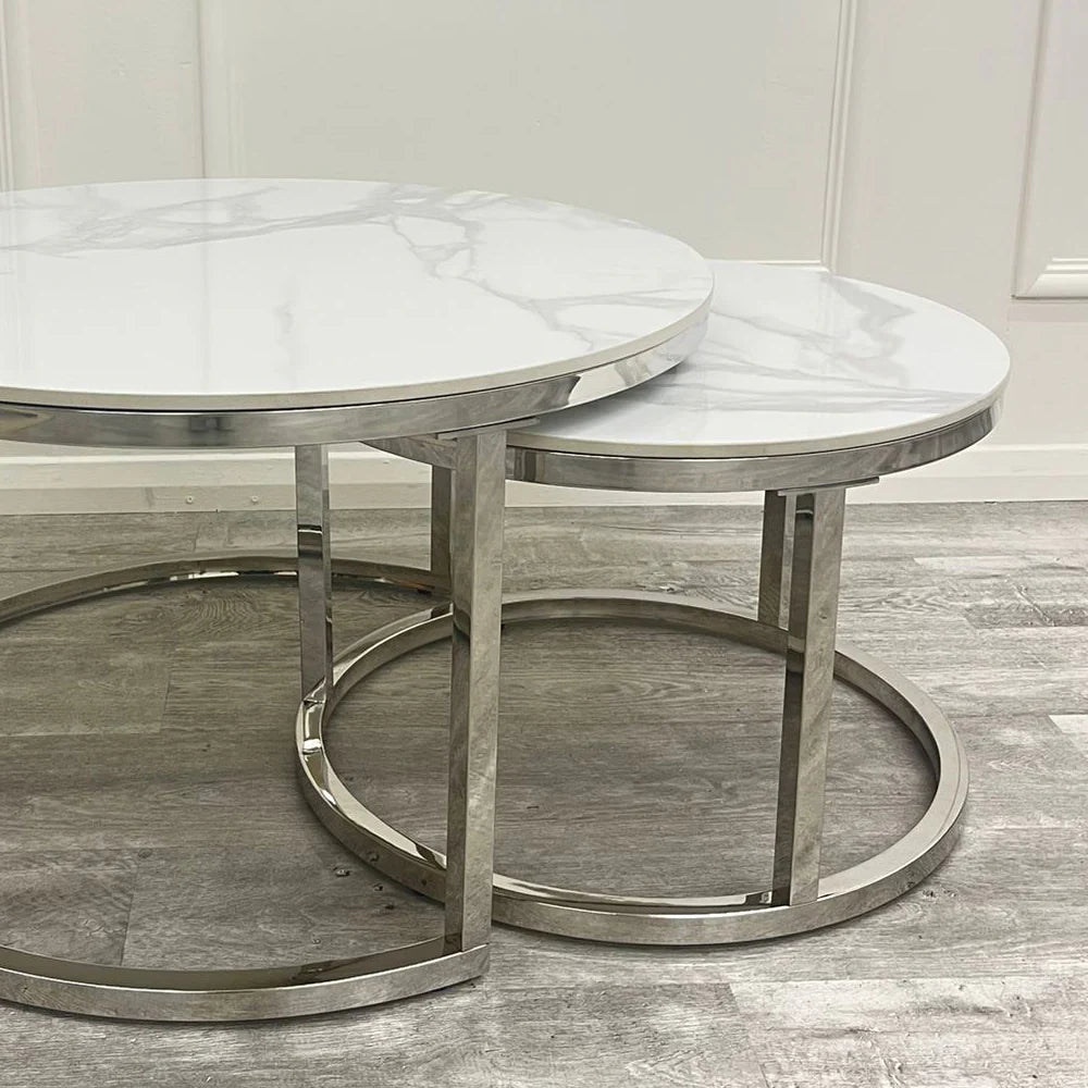 Cato Nest of 2 Short Round Silver Gold Tables with Polar White Sintered Stone Tops - Belmont Interiors