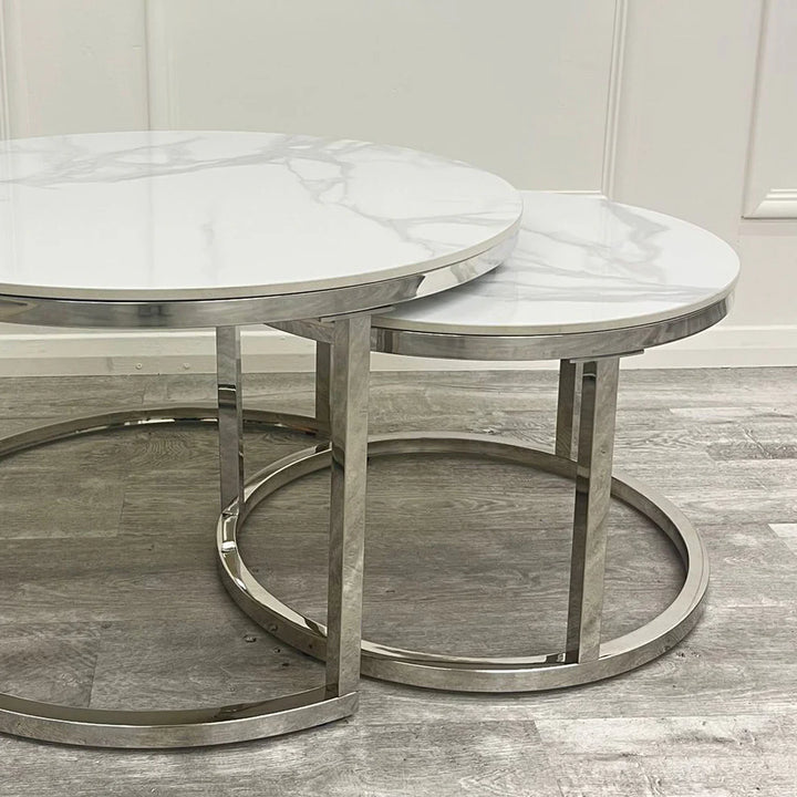 Cato Nest of 2 Short Round Silver Gold Tables with Polar White Sintered Stone Tops - Belmont Interiors