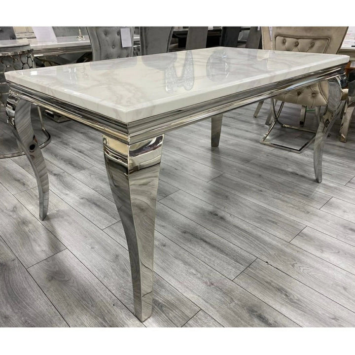 Louis 150cm White Marble Dining Table + Valentino Lion Knocker Velvet Chairs - Belmont Interiors
