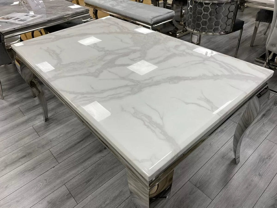 Louis 150cm White Marble Dining Table + Valentino Lion Knocker Velvet Chairs - Belmont Interiors