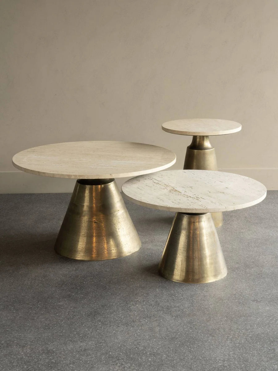 Libra Interiors Clifton II Side Table in Antique Brass and Travertine [Pre-order (27/12)] - Belmont Interiors