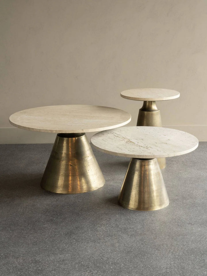 Libra Interiors Clifton II Side Table in Antique Brass and Travertine [Pre-order (27/12)] - Belmont Interiors
