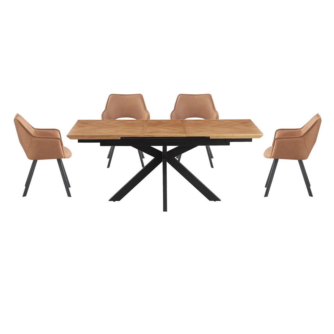 Chevron Parquet Oak Extending Dining Table with Black Powder-Coated Metal Legs - Belmont Interiors