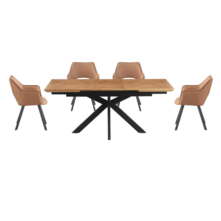 Chevron Parquet Oak Extending Dining Table with Black Powder-Coated Metal Legs - Belmont Interiors