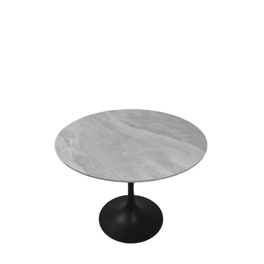 Bentley 90cm Gold/Grey Ceramic Marble Round Dining Table With Black Base + Roco 360º Grey Velvet Dining Chairs - Belmont Interiors