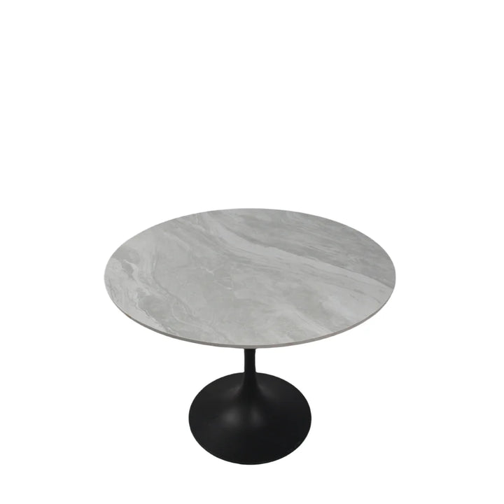 Bentley 90cm Gold/Grey Ceramic Marble Round Dining Table With Black Base + Roco 360º Grey Velvet Dining Chairs - Belmont Interiors