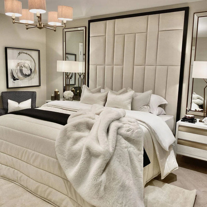 Grosvenor Abstract Panel Bed in Cream Velvet with Black Velvet Edge - Belmont Interiors
