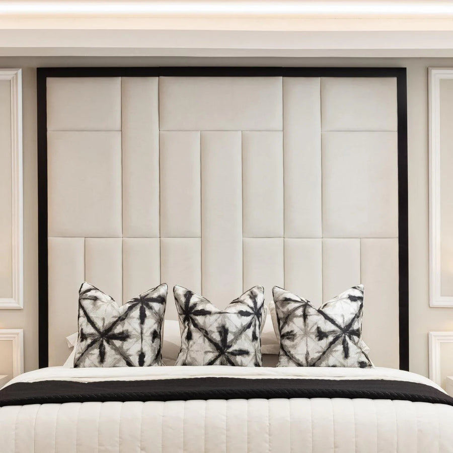 Grosvenor Abstract Panel Bed in Cream Velvet with Black Velvet Edge - Belmont Interiors