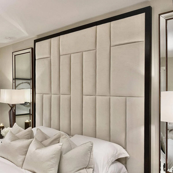 Grosvenor Abstract Panel Bed in Cream Velvet with Black Velvet Edge - Belmont Interiors