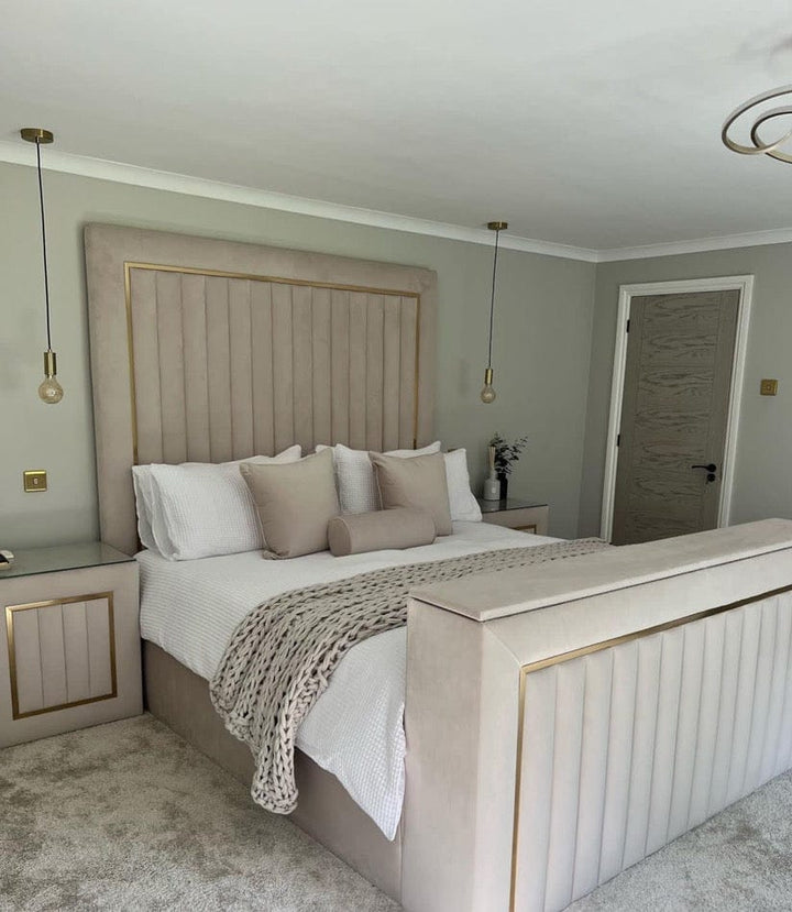 The Ascot Panel Bespoke TV Bed in Luxury Velvet with Gold Trim - Belmont Interiors