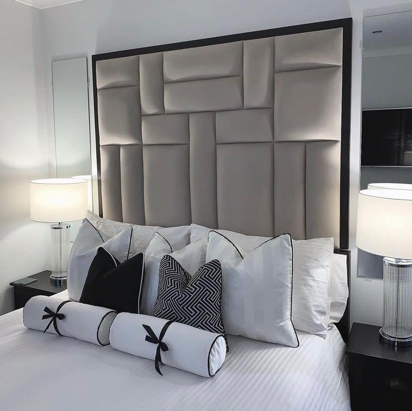 Grosvenor Abstract Panel Bed in Cream Velvet with Black Velvet Edge - Belmont Interiors