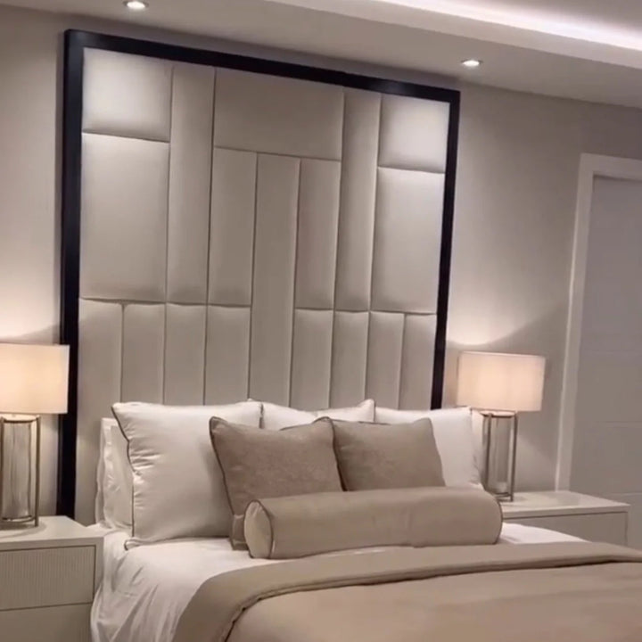 Grosvenor Abstract Panel Bed in Cream Velvet with Black Velvet Edge - Belmont Interiors