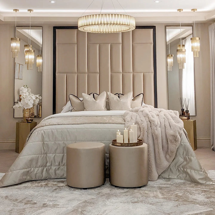 Grosvenor Abstract Panel Bed in Cream Velvet with Black Velvet Edge - Belmont Interiors