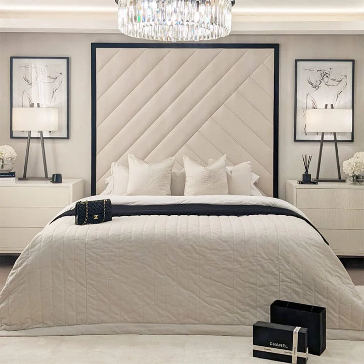 Mayfair Abstract Panel Bed in Cream Velvet with Black Edge - Belmont Interiors