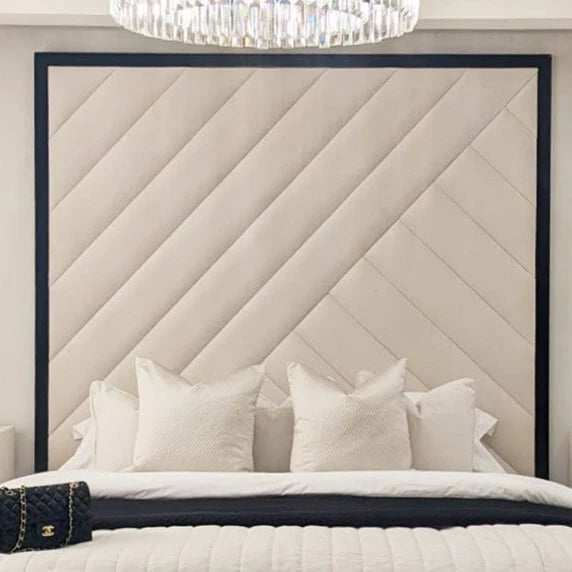 Mayfair Abstract Panel Bed in Cream Velvet with Black Edge - Belmont Interiors