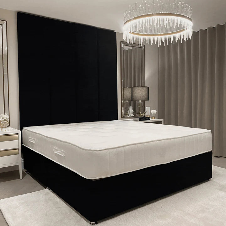 Midnight Black Velvet Luxury High Headboard Panelled Bed - Belmont Interiors