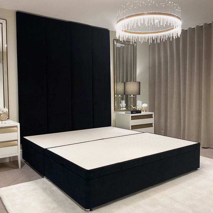 Midnight Black Velvet Luxury High Headboard Panelled Bed - Belmont Interiors